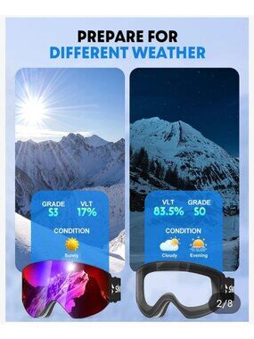 Unisex 2 UV400 Anti-Fog Detachable Ski Goggles Burgundy & Clear Lenses Magnetic